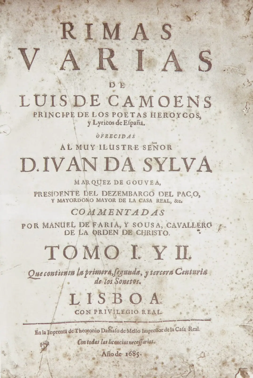 Folha de rosto de edição de 1685 das Rimas de Luís de Camões